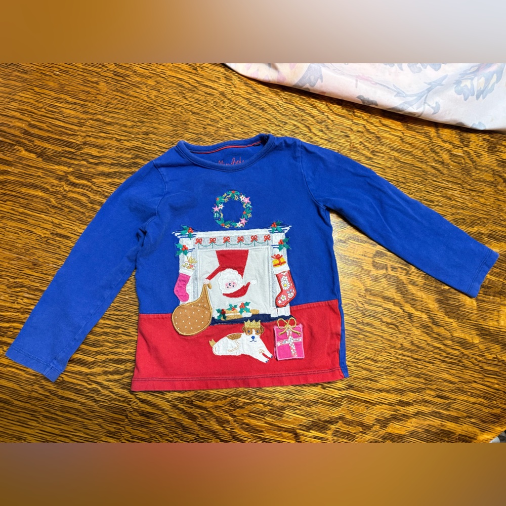 Mini Boden Festive Christmas Blue and Red Kids Shirt 3-4 years